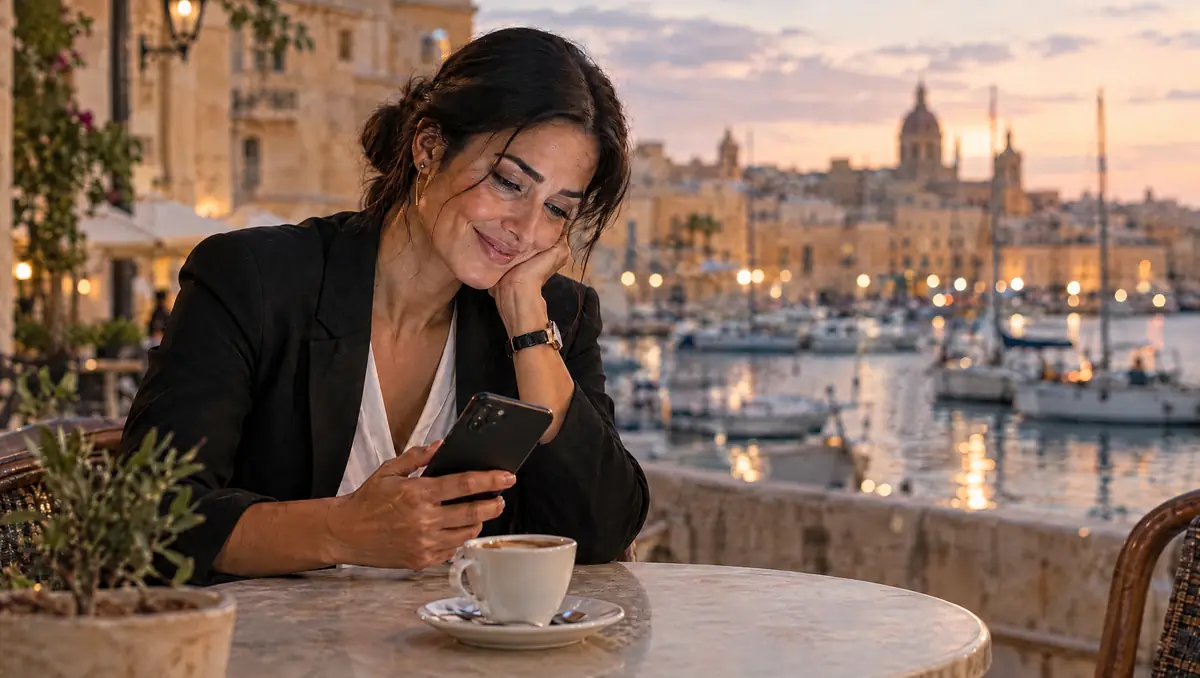 The same manager, relaxed and smiling at a harbour cafe with a cappuccino