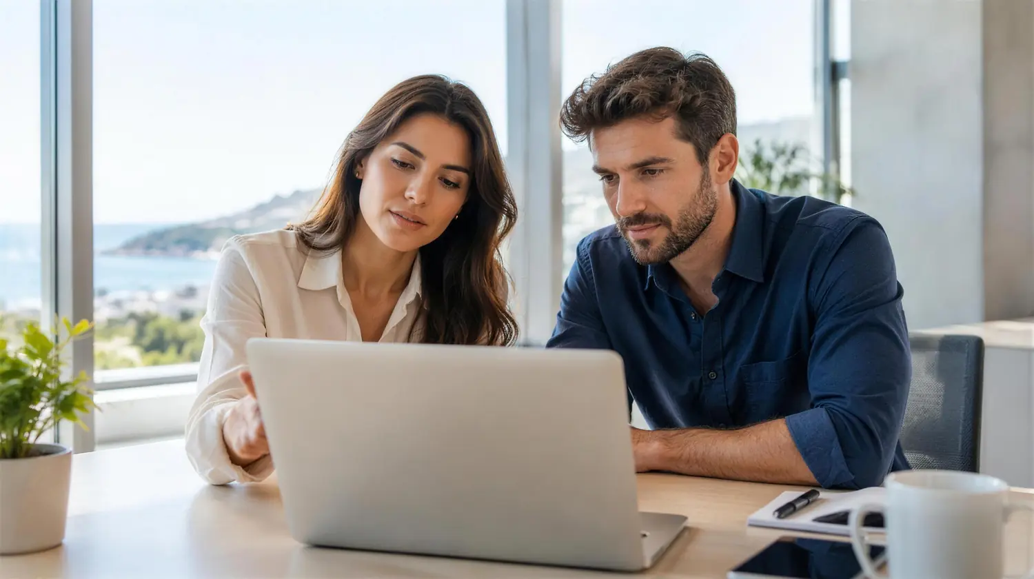 Two colleagues reviewing customer enquiries together at work