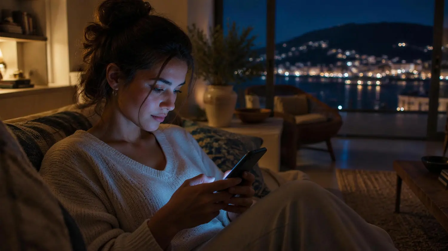A customer writing a message on her phone at home in the evening