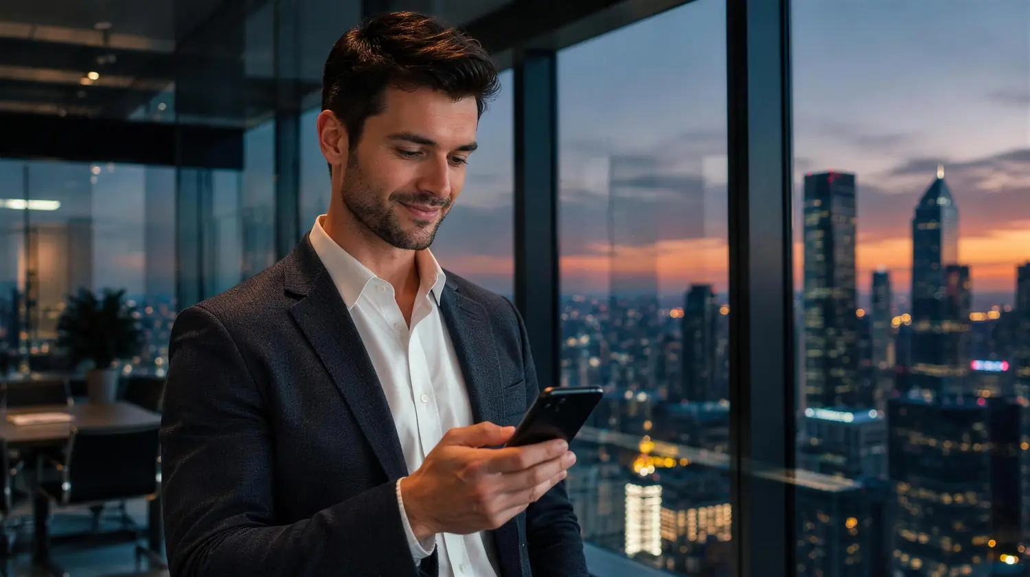 A manager checking his phone calmly in a modern office