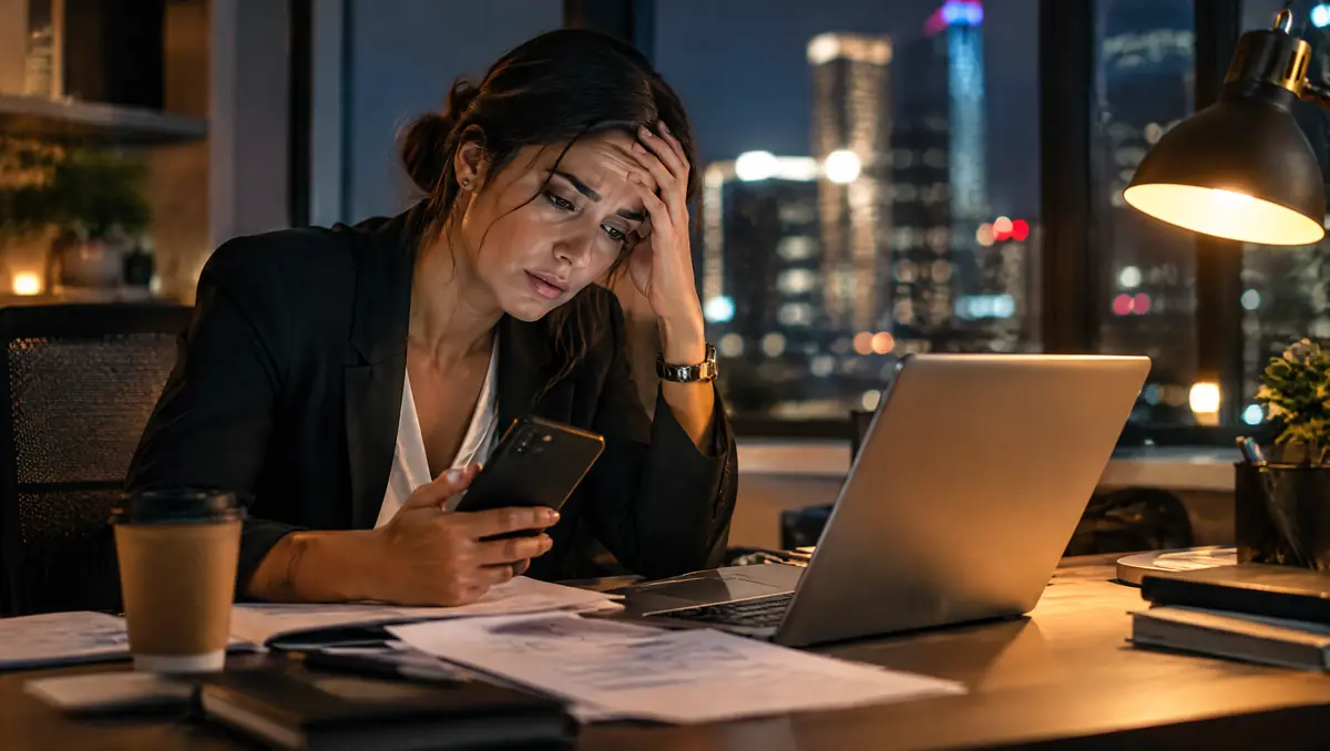 A manager, tired and overwhelmed, looking at her phone late at night at her desk